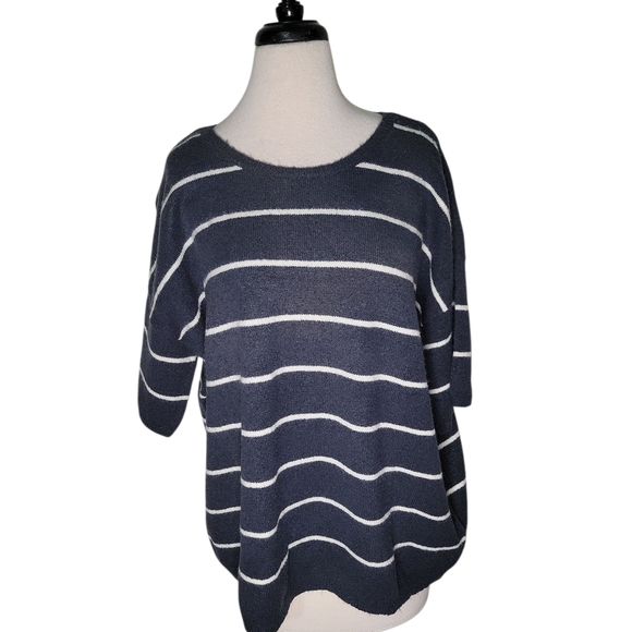 NYDJ Navy and White Striped Crew Neck Short Sleeve Sweater NWT - Picture 1 of 5
